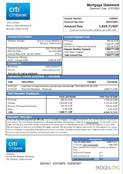 Côte d'Ivoire Relevé hypothécaire de la banque Citibank scr